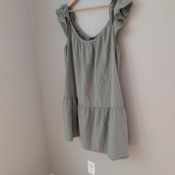 GAP Sage Green 100% Cotton Dress Tiered Ruffle Sleeve XL Tall Sleeveless - Picture 2 of 5